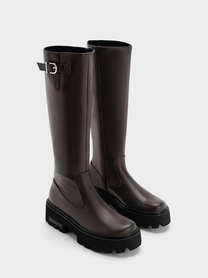 CHARLES & KEITH Essential | Imogen Side-Buckle Chunky Knee-High Boots - Dark Brown