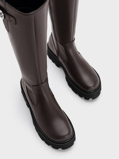 CHARLES & KEITH Essential | Imogen Side-Buckle Chunky Knee-High Boots - Dark Brown
