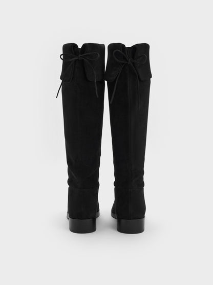 CHARLES & KEITH Great Value | Louisa Faux Suede Fold-Over Thigh-High Boots - Black Textured