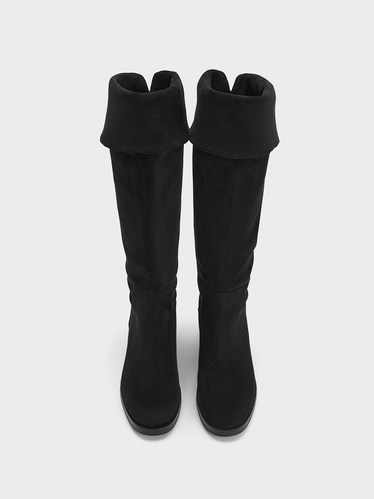 CHARLES & KEITH Great Value | Louisa Faux Suede Fold-Over Thigh-High Boots - Black Textured