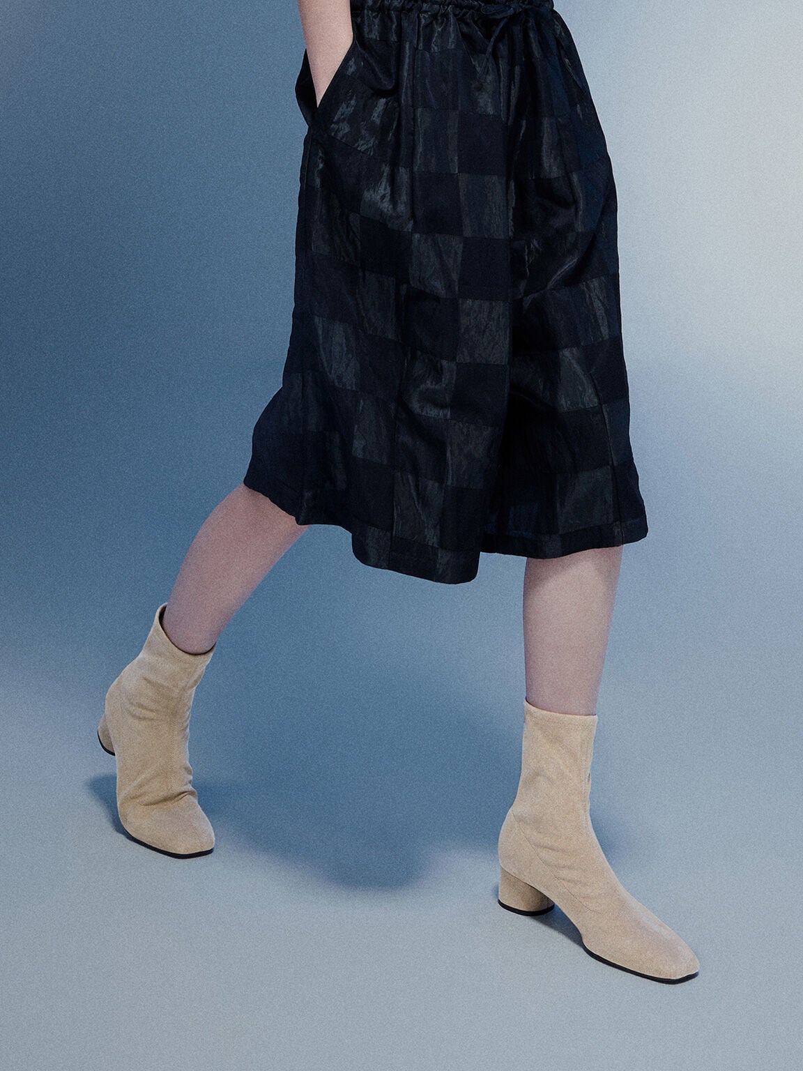 CHARLES & KEITH New | Faux Suede Stitch-Trim Heeled Ankle Boots - Sand
