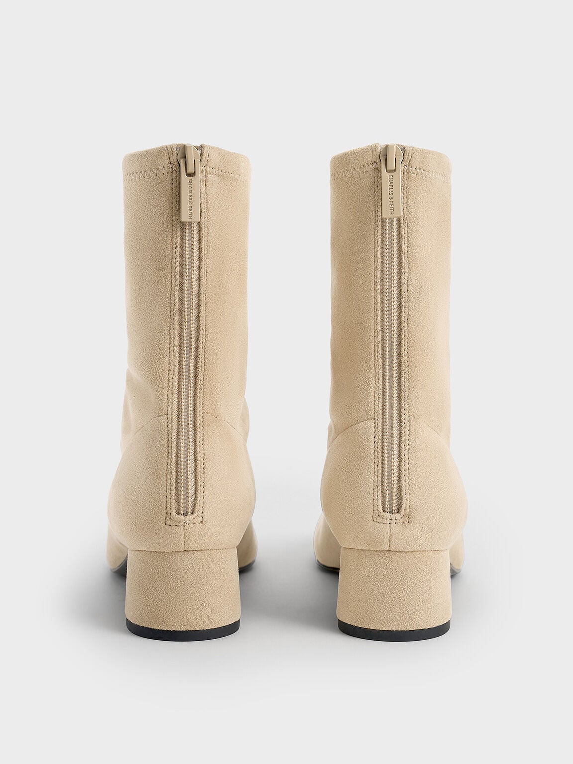 CHARLES & KEITH New | Faux Suede Stitch-Trim Heeled Ankle Boots - Sand