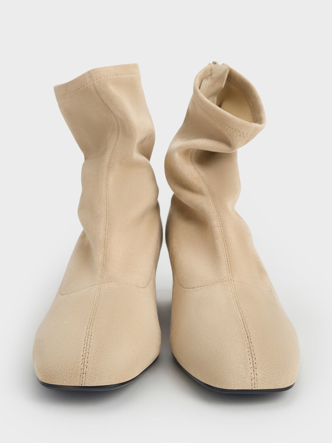 CHARLES & KEITH New | Faux Suede Stitch-Trim Heeled Ankle Boots - Sand