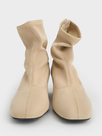 CHARLES & KEITH New | Faux Suede Stitch-Trim Heeled Ankle Boots - Sand