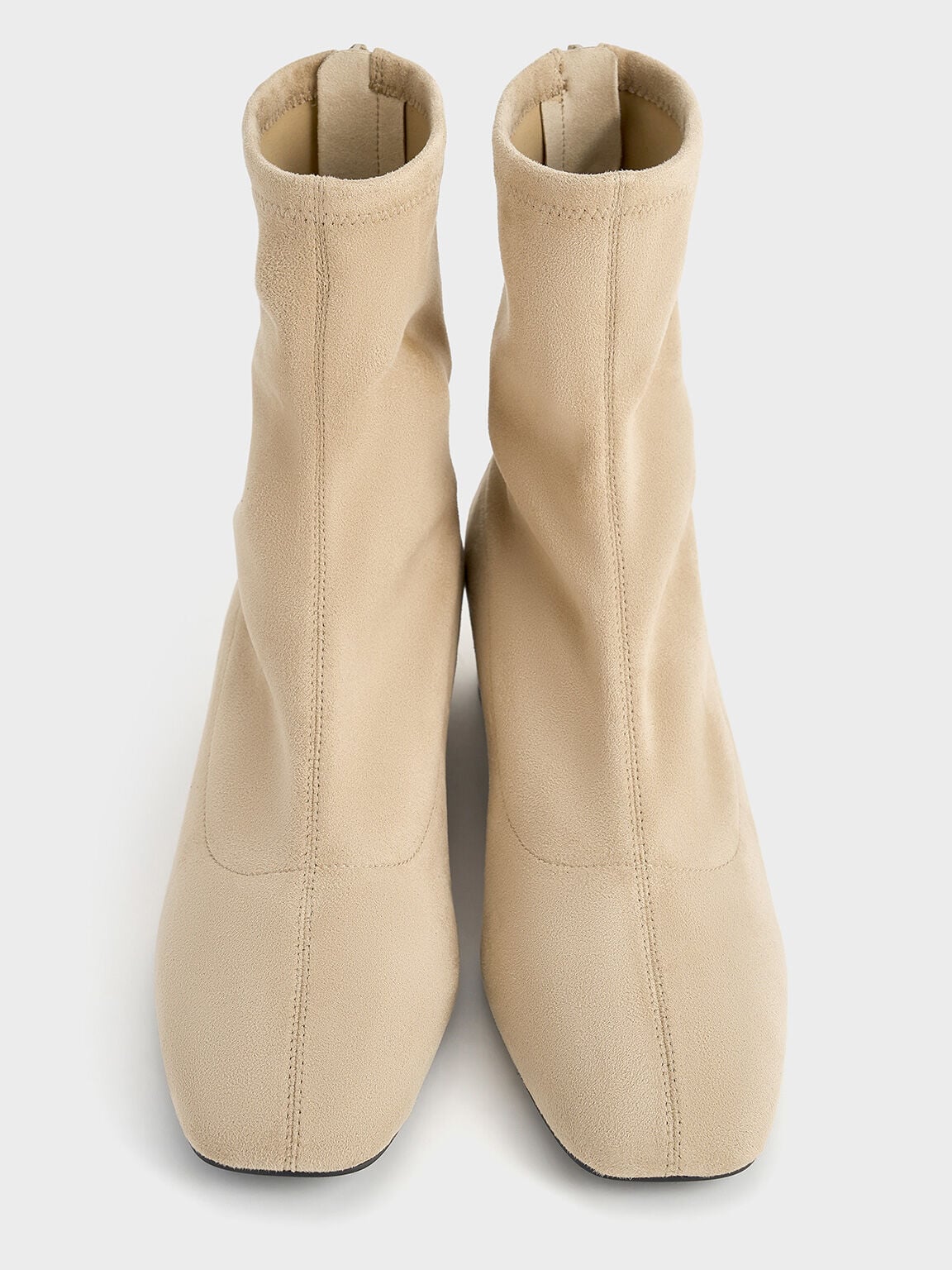 CHARLES & KEITH New | Faux Suede Stitch-Trim Heeled Ankle Boots - Sand