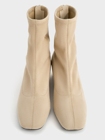CHARLES & KEITH New | Faux Suede Stitch-Trim Heeled Ankle Boots - Sand