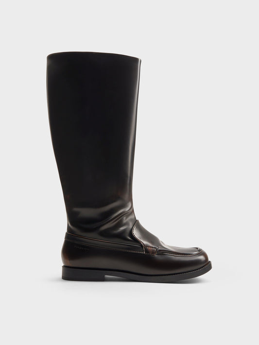 CHARLES & KEITH Exclusive | Jagger Knee-High Loafer-Boots - Dark Brown