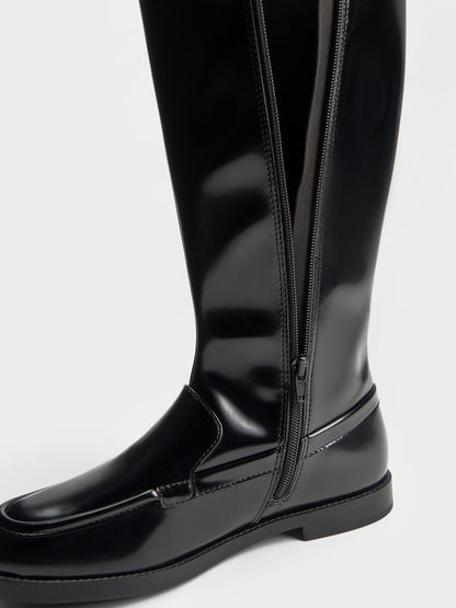 CHARLES & KEITH Popular | Jagger Knee-High Loafer-Boots - Black Box