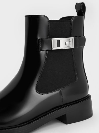 CHARLES & KEITH Exclusive | Lando Metallic-Buckle Chelsea Boots - Black Box