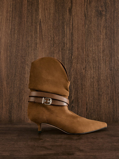 CHARLES & KEITH Popular | Karter Faux Suede Kitten-Heel Boots - Cognac