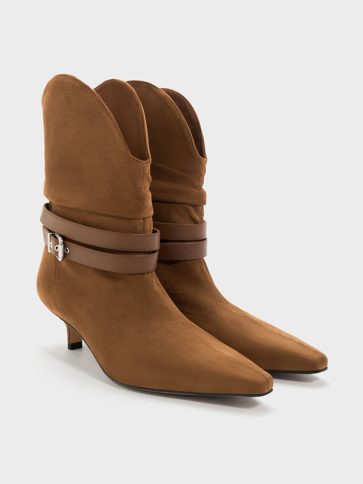 CHARLES & KEITH Popular | Karter Faux Suede Kitten-Heel Boots - Cognac