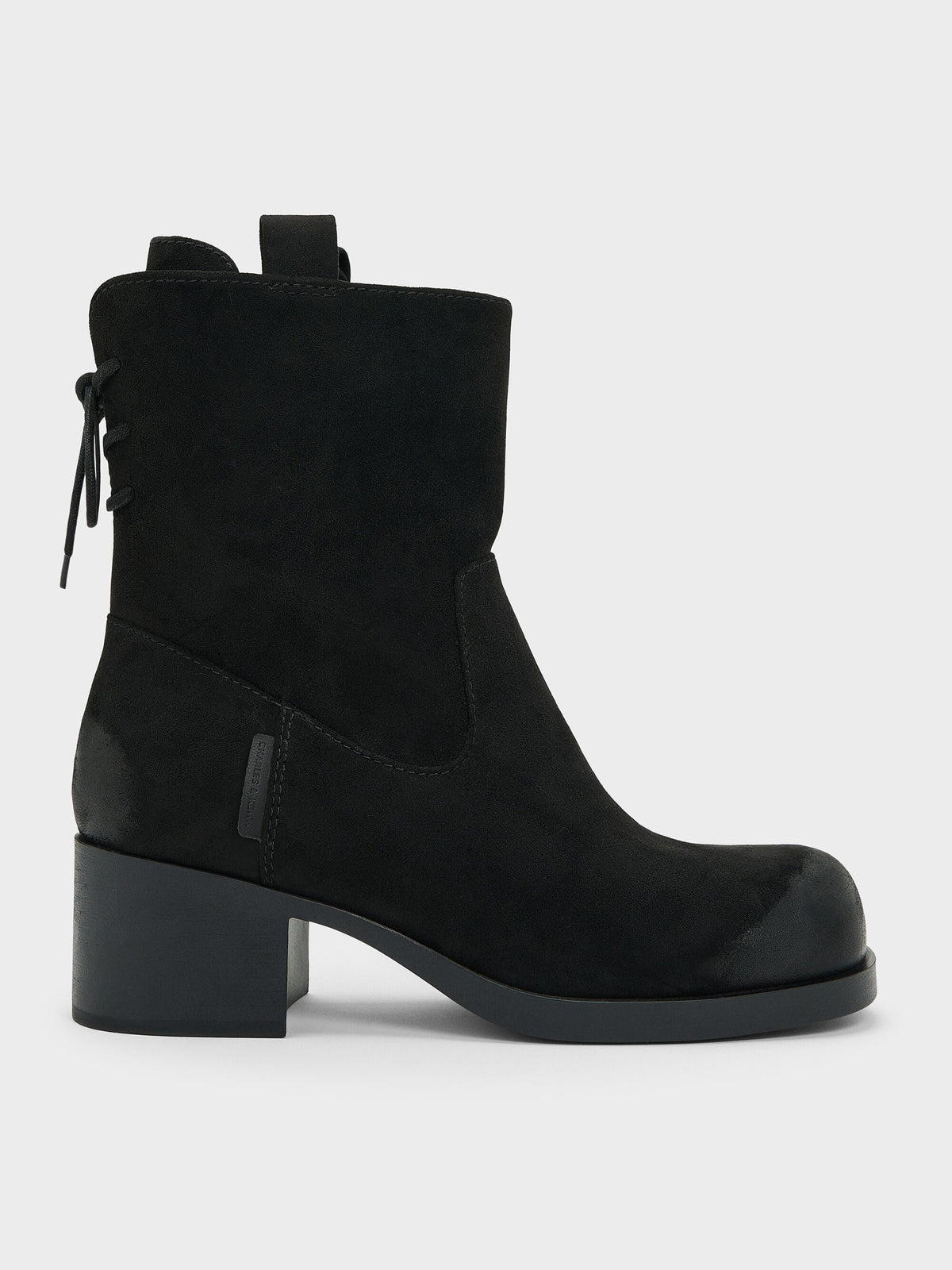 CHARLES & KEITH Classic | Rosamond Faux Suede Back-Lace Calf Boots - Black Textured