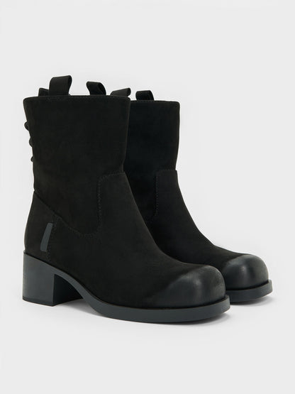 CHARLES & KEITH Classic | Rosamond Faux Suede Back-Lace Calf Boots - Black Textured