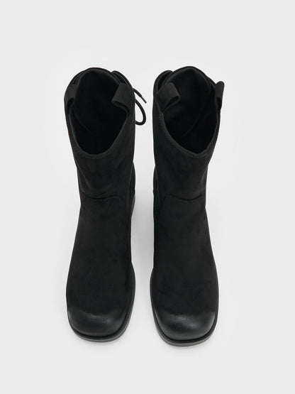 CHARLES & KEITH Classic | Rosamond Faux Suede Back-Lace Calf Boots - Black Textured