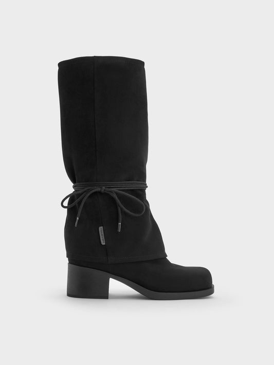 CHARLES & KEITH Essential | Faux Suede Tie-Around Knee-High Boots - Black Textured