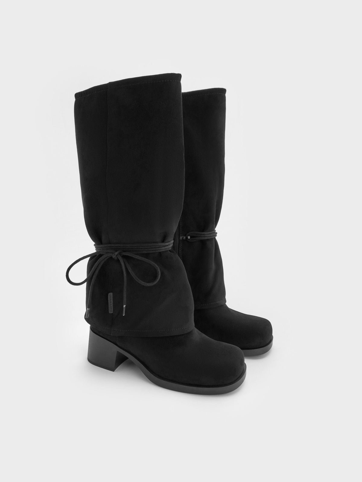CHARLES & KEITH Essential | Faux Suede Tie-Around Knee-High Boots - Black Textured