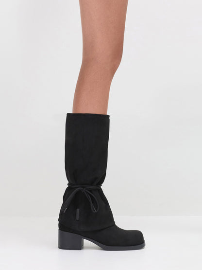 CHARLES & KEITH Essential | Faux Suede Tie-Around Knee-High Boots - Black Textured