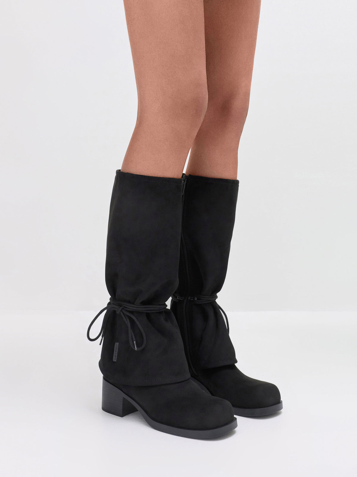 CHARLES & KEITH Essential | Faux Suede Tie-Around Knee-High Boots - Black Textured