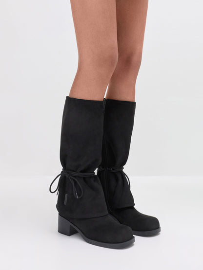 CHARLES & KEITH Essential | Faux Suede Tie-Around Knee-High Boots - Black Textured