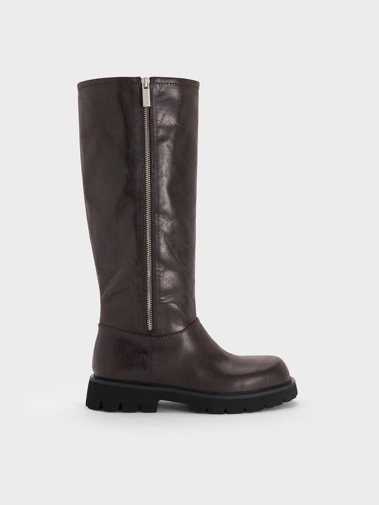 CHARLES & KEITH New | Rosamond Knee-High Boots - Dark Brown Textured