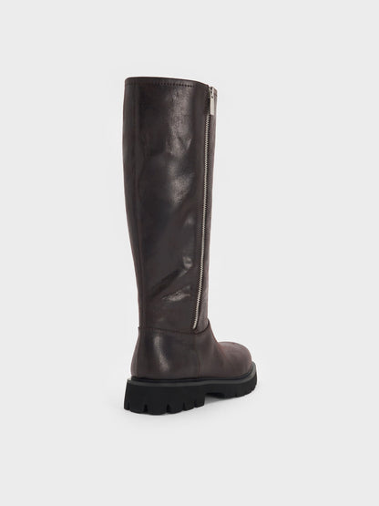CHARLES & KEITH New | Rosamond Knee-High Boots - Dark Brown Textured