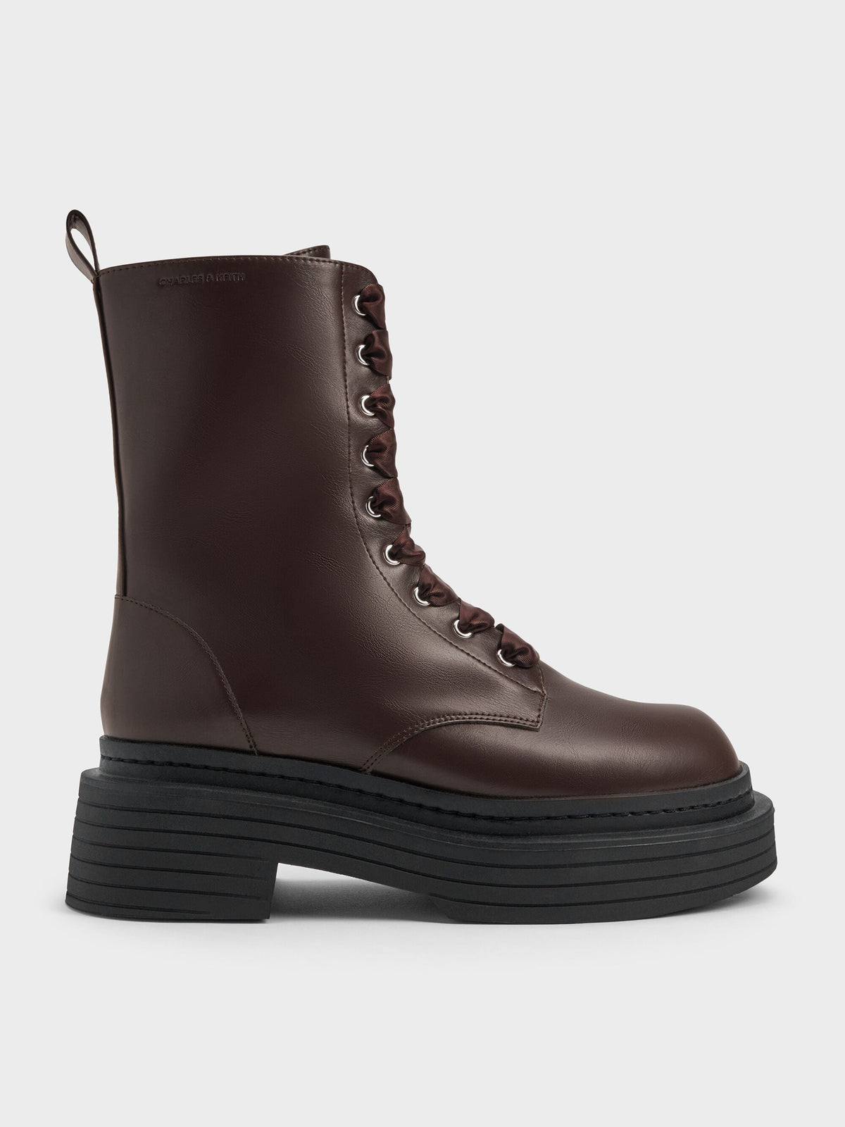 CHARLES & KEITH Essential | Satin-Lace Platform Combat Boots - Dark Brown