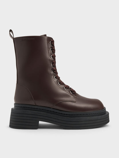 CHARLES & KEITH Essential | Satin-Lace Platform Combat Boots - Dark Brown