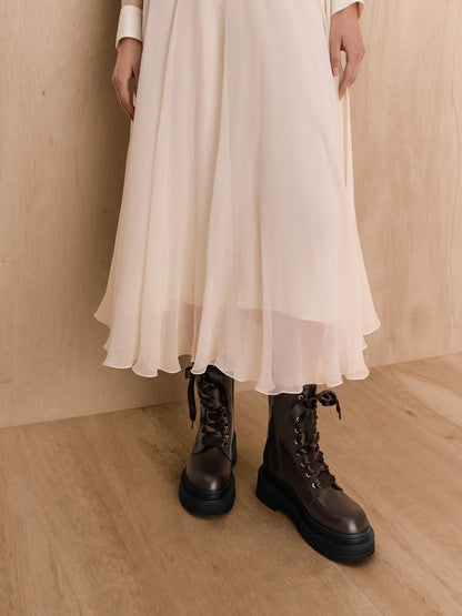 CHARLES & KEITH Essential | Satin-Lace Platform Combat Boots - Dark Brown