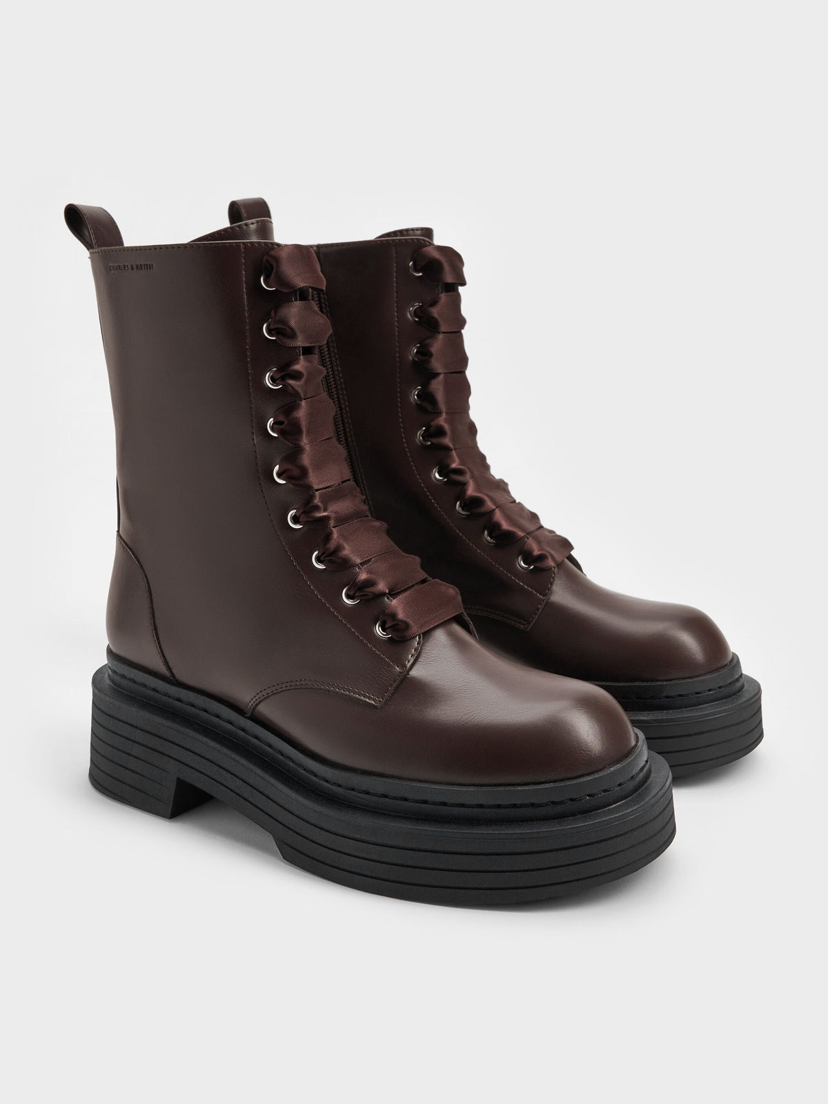 CHARLES & KEITH Essential | Satin-Lace Platform Combat Boots - Dark Brown