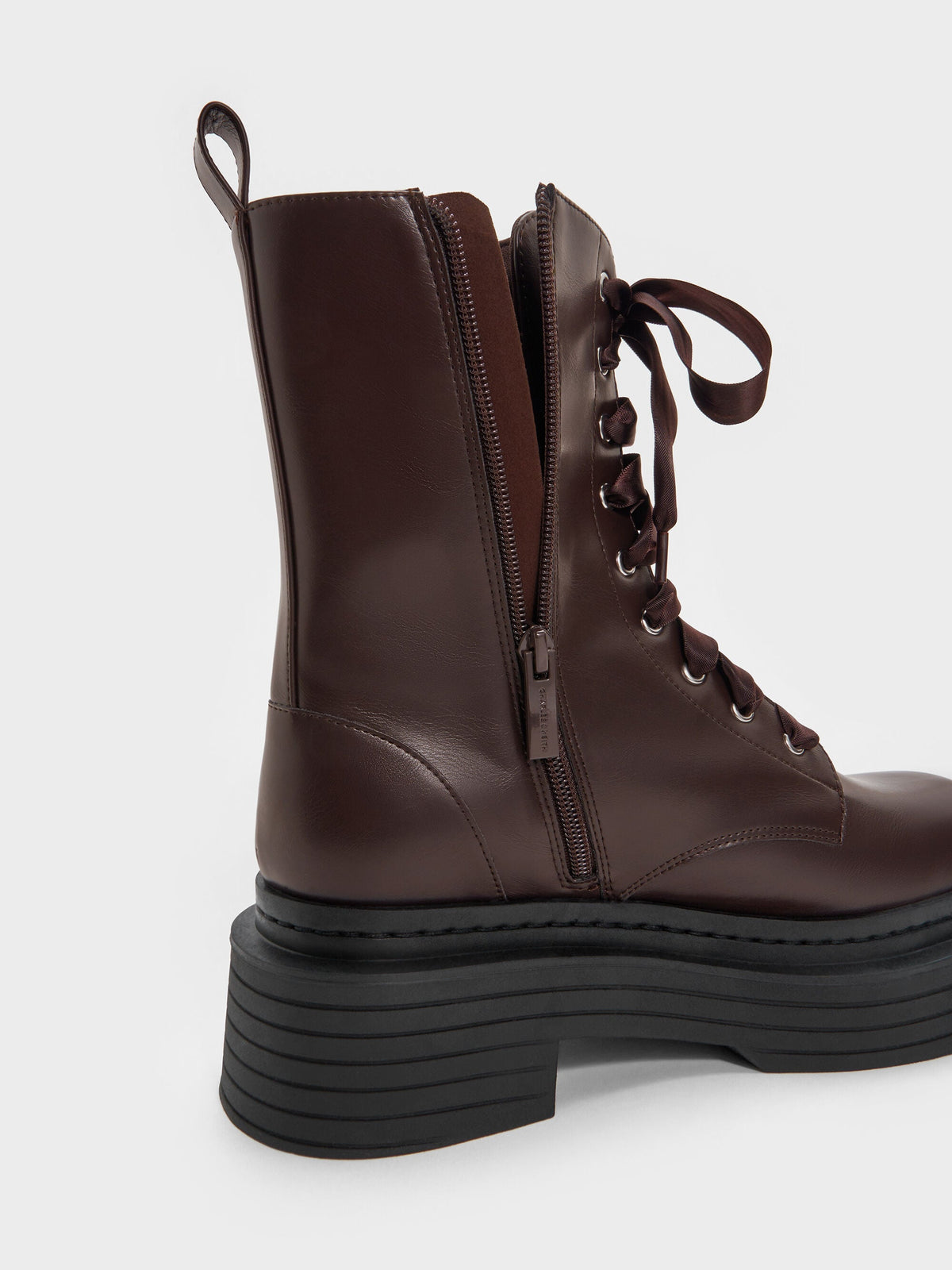 CHARLES & KEITH Essential | Satin-Lace Platform Combat Boots - Dark Brown