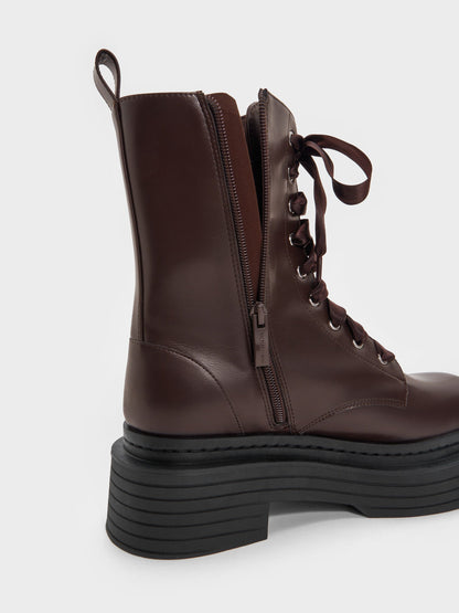 CHARLES & KEITH Essential | Satin-Lace Platform Combat Boots - Dark Brown