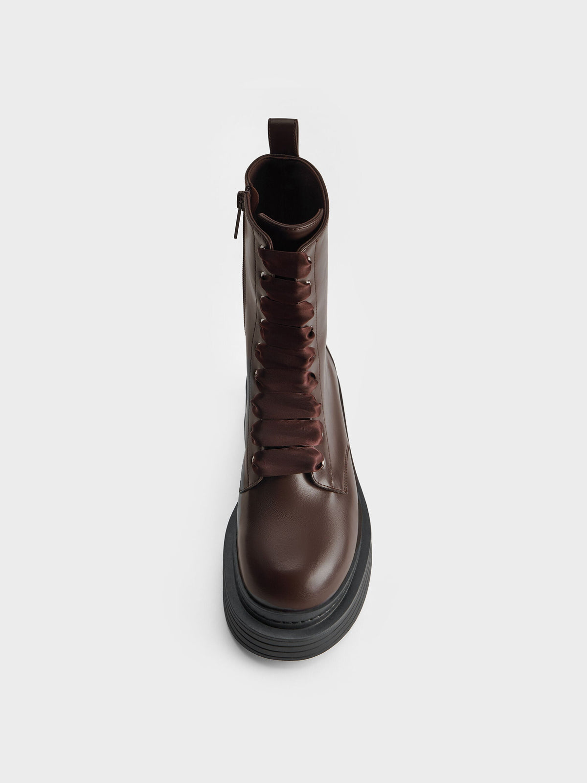 CHARLES & KEITH Essential | Satin-Lace Platform Combat Boots - Dark Brown