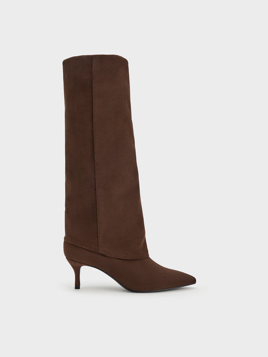 CHARLES & KEITH New | Faux Suede Pointed Stiletto Knee-High Boots - Dark Brown Textured