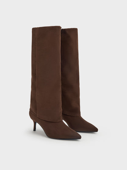 CHARLES & KEITH New | Faux Suede Pointed Stiletto Knee-High Boots - Dark Brown Textured