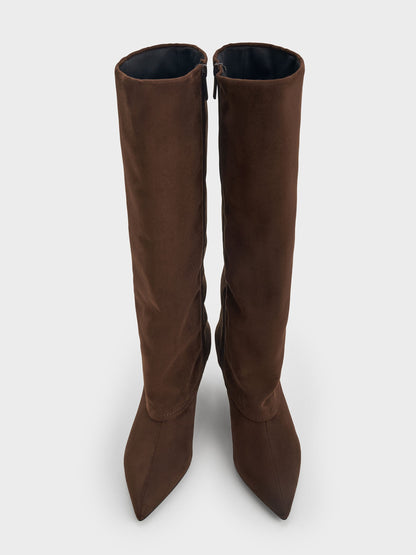 CHARLES & KEITH New | Faux Suede Pointed Stiletto Knee-High Boots - Dark Brown Textured