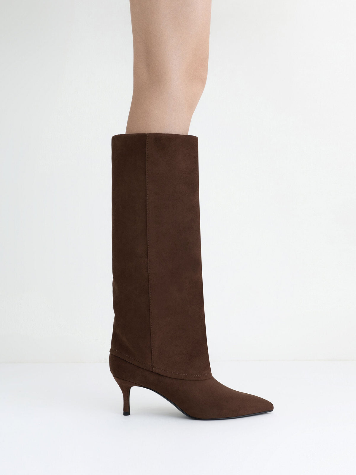 CHARLES & KEITH New | Faux Suede Pointed Stiletto Knee-High Boots - Dark Brown Textured
