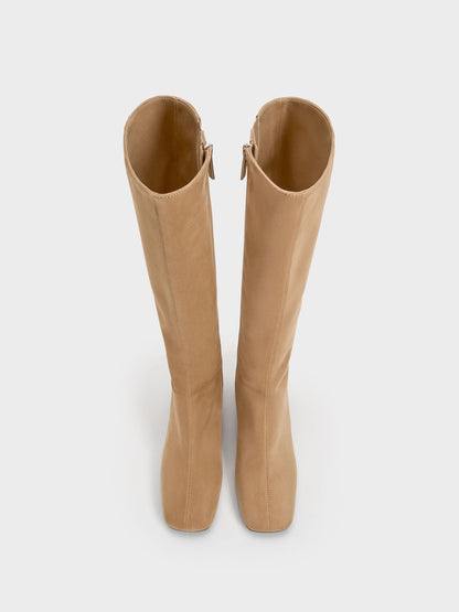 CHARLES & KEITH Customer Favorite | Faux Suede Square-Toe Knee-High Boots - Sand