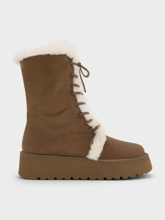 CHARLES & KEITH Top Pick | Faux Suede & Faux Fur Flatform Boots - Brown