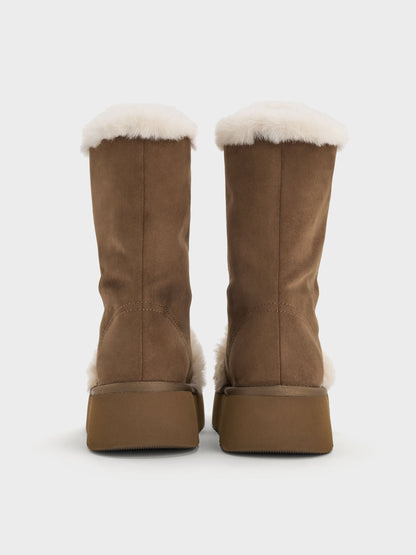CHARLES & KEITH Top Pick | Faux Suede & Faux Fur Flatform Boots - Brown