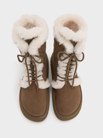CHARLES & KEITH Top Pick | Faux Suede & Faux Fur Flatform Boots - Brown