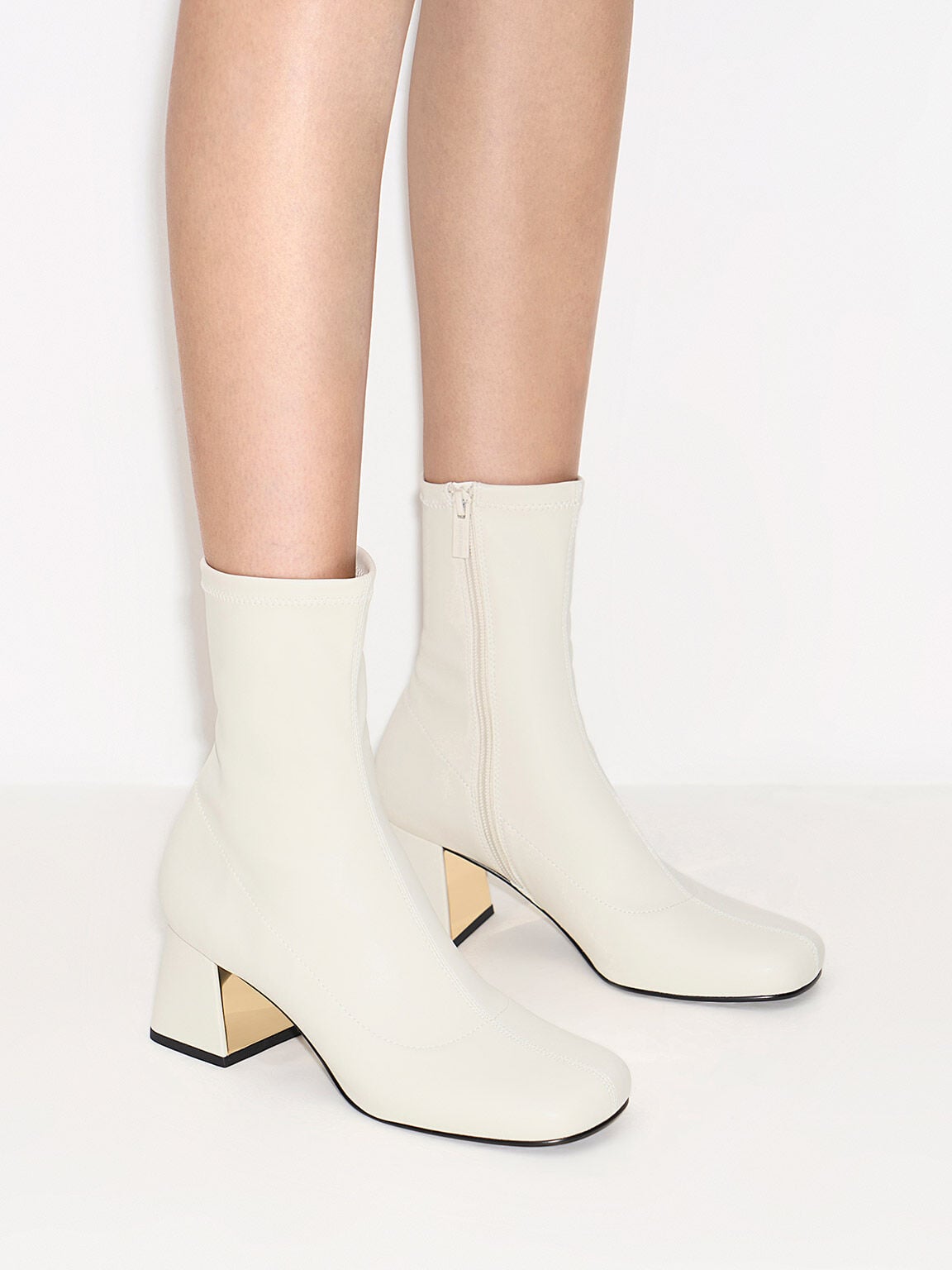 CHARLES & KEITH Quality | Jully Metallic Trapeze Heel Ankle Boots - Chalk