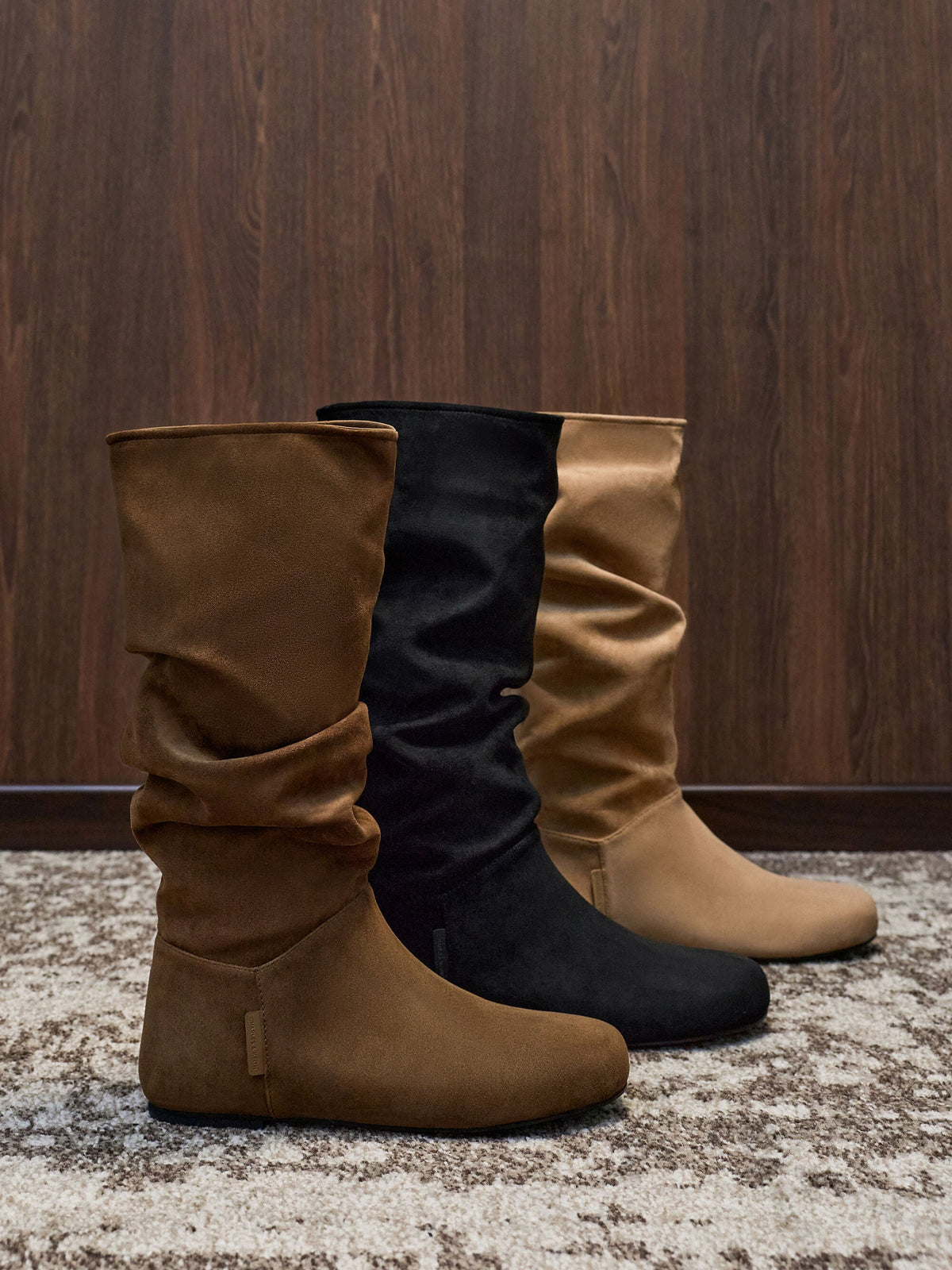 CHARLES & KEITH Trusted | Faux Suede Ruched Knee-High Boots - Black Textured