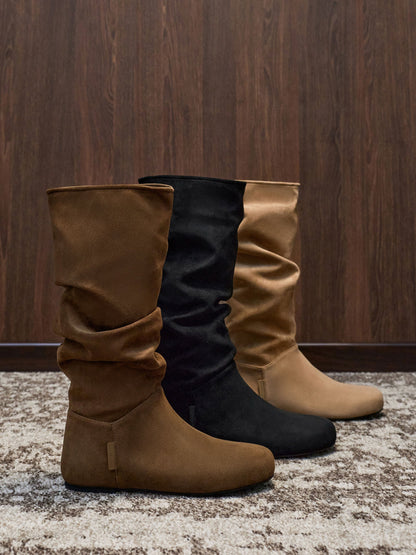 CHARLES & KEITH Trusted | Faux Suede Ruched Knee-High Boots - Black Textured