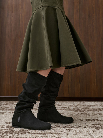 CHARLES & KEITH Trusted | Faux Suede Ruched Knee-High Boots - Black Textured