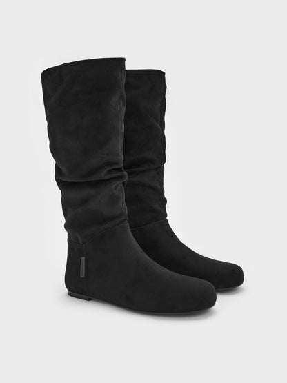 CHARLES & KEITH Trusted | Faux Suede Ruched Knee-High Boots - Black Textured