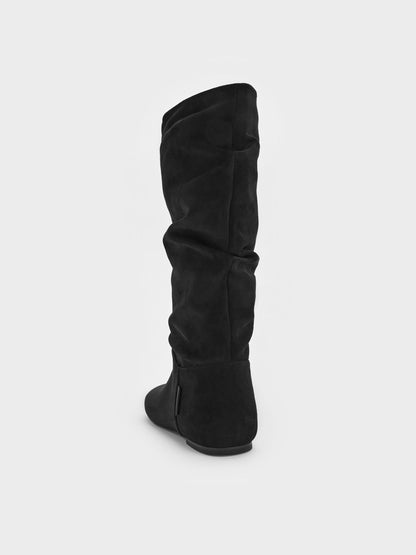 CHARLES & KEITH Trusted | Faux Suede Ruched Knee-High Boots - Black Textured