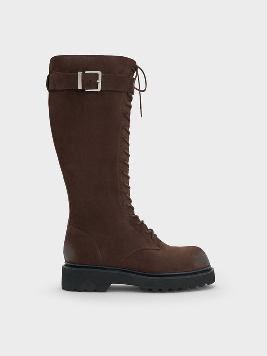 CHARLES & KEITH Best Seller | Darian Faux Suede Knee-High Boots - Dark Brown Textured
