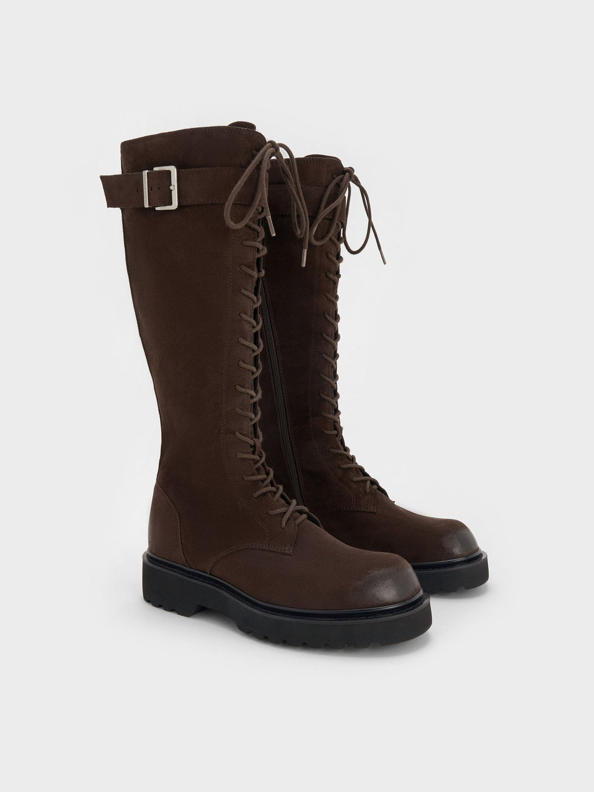 CHARLES & KEITH Best Seller | Darian Faux Suede Knee-High Boots - Dark Brown Textured
