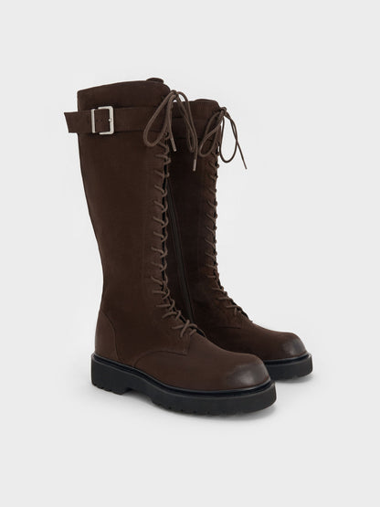 CHARLES & KEITH Best Seller | Darian Faux Suede Knee-High Boots - Dark Brown Textured