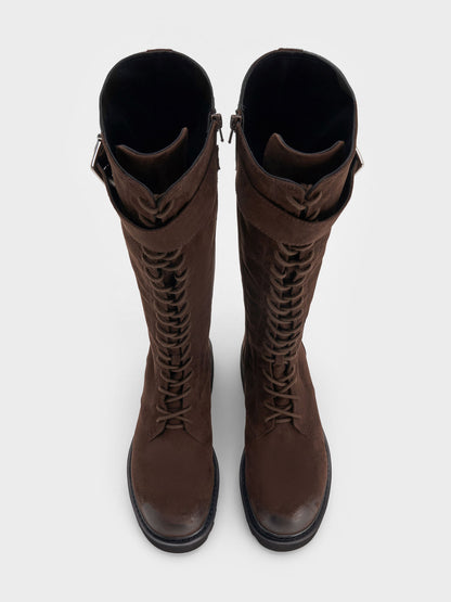 CHARLES & KEITH Best Seller | Darian Faux Suede Knee-High Boots - Dark Brown Textured